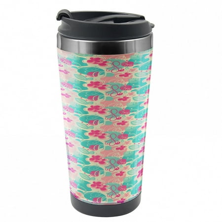 Retro Travel Mug Doodle Foliage Leaves Steel Thermal Cup 16 oz by Ambesonne