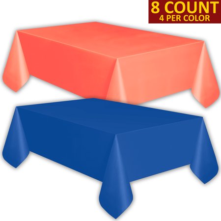 8 Plastic Tablecloths - Coral and Sapphire Blue - Premium Thickness Disposable Table Cover, 108 x 54 Inch, 4 Each Color