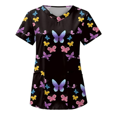 TAIAOJING Scrubs for Women Workwear Short Sleeve V Neck Tops Working Christmas Thanksgiving Blouse