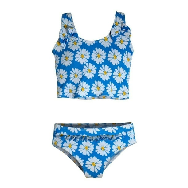 Little Girls Blue Daisies Print Bows Attached 2 Pc Tankini Swimsuit 2T-6X