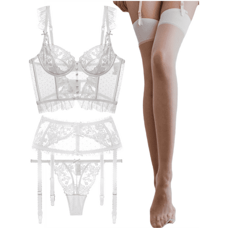 Women s Floral Lace Trim Underwire Bra and Embroidered Lace Thong and Garter and Stockings Underwear Set
Women s Floral Lace Trim Underwire Bra and Embroidered Lace Thong and Garter and Stockings Underwear Set