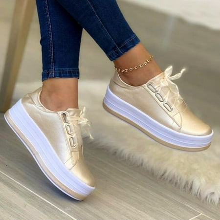Women‘s Faux Leather Casual Shoes Thick Sole Heightening Lace-up Shoes
