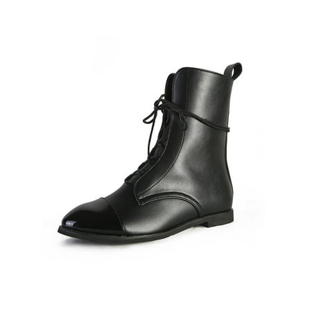 Difumos Women Boot Faux Leather Riding Boots Mid Calf Winter Shoes Outdoor Non Slip Retro Lace Up Black 7