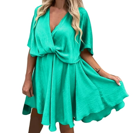 

Qufokar Womens Summer Dresses A Line Maternity Dress for Women Women Soild Print Mini Dress Batwing Sleeve Overlap Flowy Swing Dress Summer Beach Ruffled Dresses Casual Party Dresses Fitted Dress