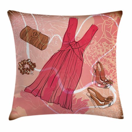 Heels and Dresses Throw Pillow Cushion Cover, Spring Inspired Floral Abstract Backdrop Pink Dress Shoes Bracelet, Decorative Square Accent Pillow Case, 16 X 16 Inches, Pink Brown White, by Ambesonne