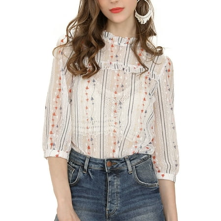 Unique Bargains Women's 3/4 Sleeves Ruffle Neck Sheer Lace Top (Size XL / 18) White
