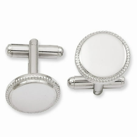 Rhodium-plated Engravable Polished Beaded Round Cuff Links