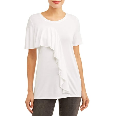 Time and Tru Women's Short Sleeve Ruffle T-Shirt