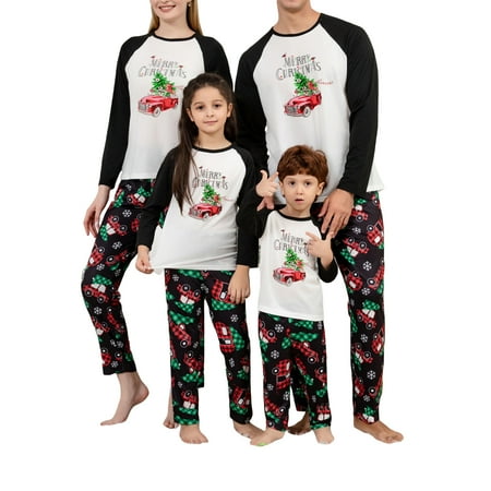 Inevnen Matching Family Pajamas Christmas PJ s Car Letters Print Top and Plaid Pants Sleepwear