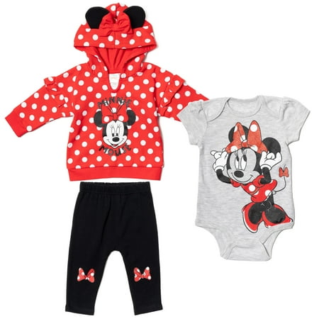 Disney Minnie Mouse Newborn Baby Girls 3 Piece Outfit Set: Pants Bodysuit Hoodie Red Newborn