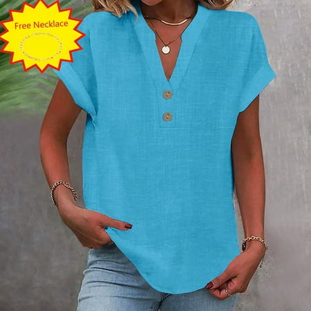 Women Tops Sawvnm Women's Tops Fashion Solid Button Shirt Female V-Neck Loose T-shirt Blouse under $5.00 Blue L