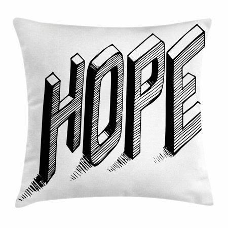 Hope Throw Pillow Cushion Cover, Sketch Letters with Stripes Spelling Hope Hand Drawn Calligraphic Arrangement, Decorative Square Accent Pillow Case, 16 X 16 Inches, Black and White, by Ambesonne