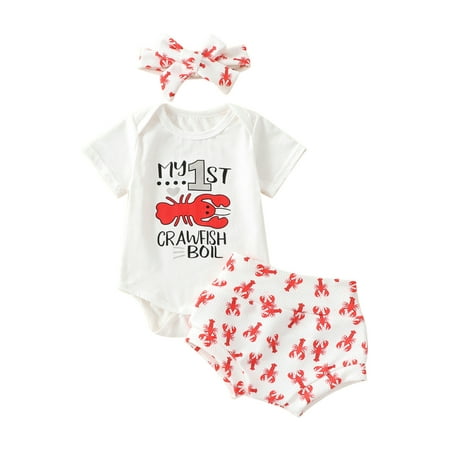 Zervatek Baby Girl Clothes Suits Letter Print Short Sleeve Crew Neck Romper Crayfish Print Elastic Waist Shorts Bow Headband 3Pcs Set 
Zervatek Baby Girl Clothes Suits Letter Print Short Sleeve Crew Neck Romper Crayfish Print Elastic Waist Shorts Bow Headband 3Pcs Set