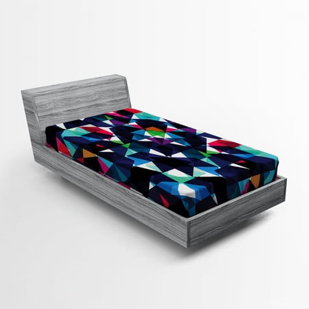 Geometric Fitted Sheet Retro Pattern with Colorful Mosaic Modern Optical Structure Illustration, Soft Decorative Fabric Bedding, Multicolor, by Ambesonne