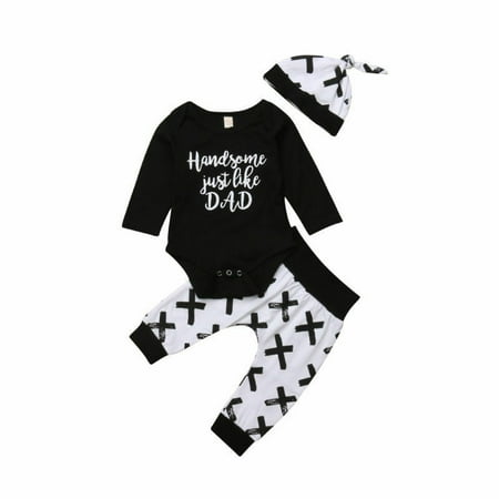 3Pcs Kids Newborn Baby Boy Romper Tops +Long Pants Hat Outfits Clothes 0-24M