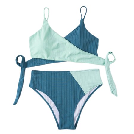 Women Sexy Bathing Suit Beachwear Splicing Color Popular Split Knotted Swimwear