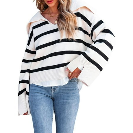 2023 Women Sweater Casual Long Sleeve Striped Pullover V-neck Collar Knit Fall Winter Jumpers Leisure Loose Knitting Top
2023 Women Sweater Casual Long Sleeve Striped Pullover V-neck Collar Knit Fall Winter Jumpers Leisure Loose Knitting Top
