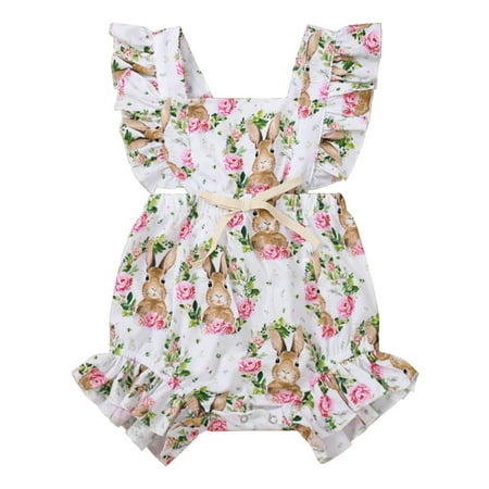 Gupgi Baby Girl Easter Bunny Jumpsuits Ruffles Fly Sleeve Wrapped Romper
