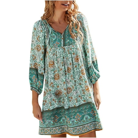 YWDJ Long Fall Dresses for Women 2022 Women Fashion Bohemian V-neck Loose 3/4 Sleeve Print Mini Length Dress Green M