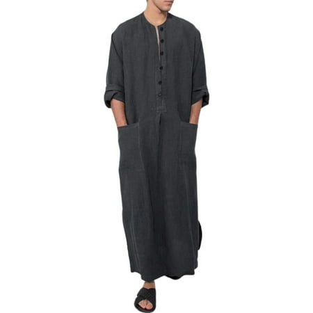 Men Casual Loose Muslim Clothing Long Sleeve Arab Saudi Kaftan Jubba Long Robe