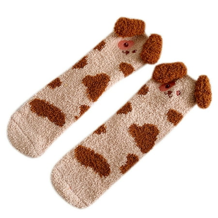 Women Winter Fuzzy Slipper Socks Cartoon Dog Embroidery Coral Velvet Foot Warmer
