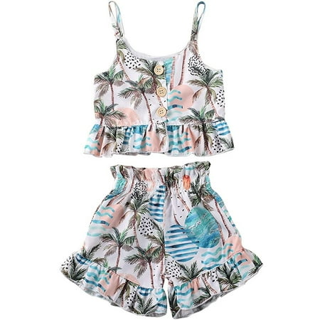 Toddler Baby Girl Summer Clothes Button Down Coconut Tree Print Ruffle Strap Crop Top+Floral Shorts 2PCS Beach Wear Outfit Set 
Toddler Baby Girl Summer Clothes Button Down Coconut Tree Print Ruffle Strap Crop Top+Floral Shorts 2PCS Beach Wear Outfit Set