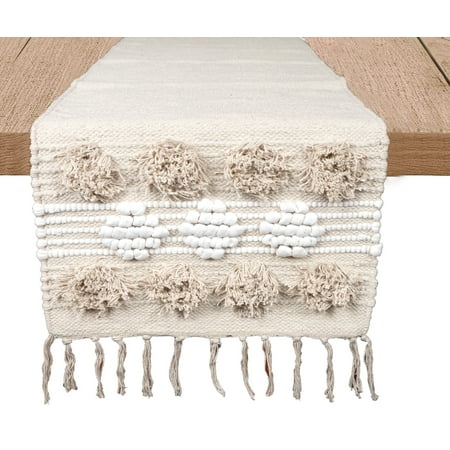 

HOMEMONDE 100% Cotton Table Runner - 72 Inches Long Table Top Runners Vintage Farmhouse Style Chunky Centre Table Runners with Tassels Beige