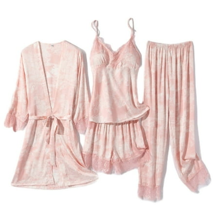 Women Pajamas 4 Pieces Sets Satin Silknightwear Pyjama Strap Lace Pajama