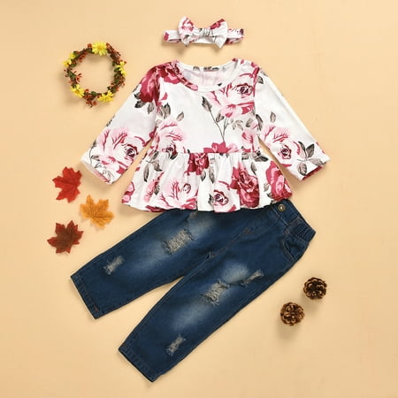 ZMHEGW Fall Outfits For Toddler Kids Child Baby Girls Long Sleeve Floral Print Tops Blouse Ripped Jeans Pant Trousers With Headbands Set 3Pcs Outfits Set
ZMHEGW Fall Outfits For Toddler Kids Child Baby Girls Long Sleeve Floral Print Tops Blouse Ripped Jeans Pant Trousers With Headbands Set 3Pcs Outfits Set
