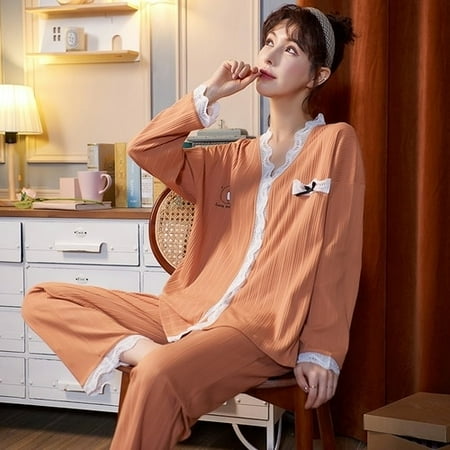 PIKADINGNIS Womens Pajamas Set Autumn V-neck Lace Buttons Elastic Waist Sleepwear Set Cotton Womens Long Sleeve Nightwear Print Top Long
PIKADINGNIS Womens Pajamas Set Autumn V-neck Lace Buttons Elastic Waist Sleepwear Set Cotton Womens Long Sleeve Nightwear Print Top Long