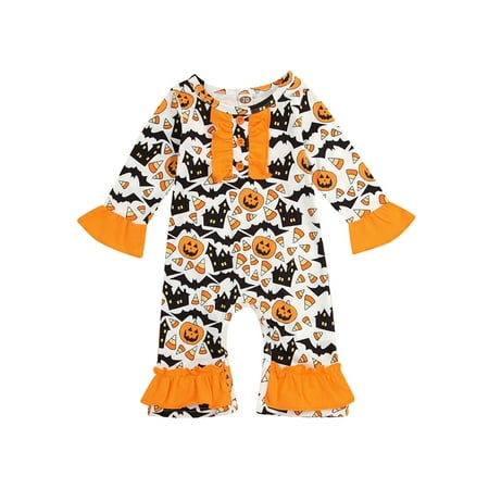

CenturyX Kids Baby Girls Boys Halloween Romper Pumpkin Print Long Sleeve Flared Jumpsuit One piece Clothes White 6-12 Months