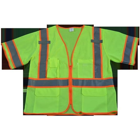 

LVM3-CB1-4X-5X Safety Vest Ansi Class 3 Lime Mesh Deluxe with Orange Contrast Binding Zipper Closure 5 Pockets & 2 Mic Tab 4X & 5X
