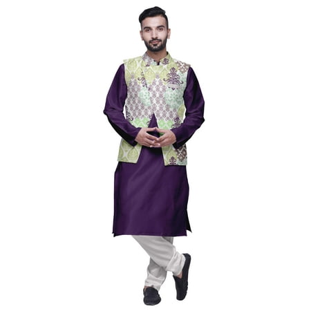 Atasi Indian Long Kurta Men Solid Kurta Pajama With Printed Nehru Jacket Set
