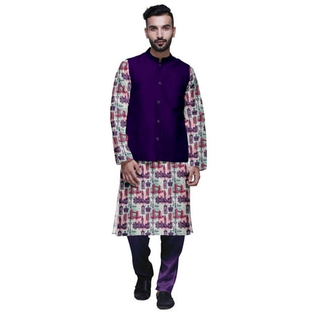 Atasi Printed Kurta With Solid Pajama & Nehru Jacket Set For Mens Party Wear