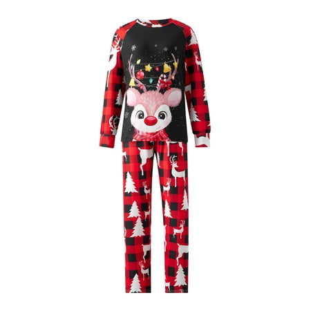 

Matching Christmas Pajamas Set Elk Print Long Sleeve Round Neck Top+Elastic Waist Pant for Couples Kids Baby Dog Sleepwear Set