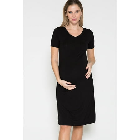 

Women Maternity Short Sleeve 1 Pocket V Neck Side Cinch Midi Dress