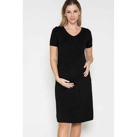 Women Maternity Short Sleeve 1 Pocket V Neck Side Cinch Midi Dress
