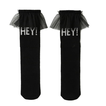Toddler Baby Girls Knee High Socks Ruffles Lace Trim Letters Print Stockings