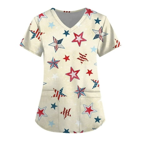 Sksloeg Women Scrub Tops Fashion Red White Blue Star Stripe Printed Short Sleeve V-Neck Lightweight Easy Fit Shirts Tee Tops with Pockets Beige M
Sksloeg Women Scrub Tops Fashion Red White Blue Star Stripe Printed Short Sleeve V-Neck Lightweight Easy Fit Shirts Tee Tops with Pockets Beige M