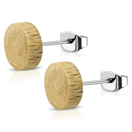 Organic Natural Wood Illusion Round Circle Stainless Steel Button Stud Post Earrings