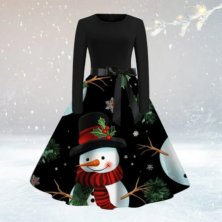 Christmas Womens Classic Tea Dress Long Sleeve O Neck Dress With Belt Swing Party Dress