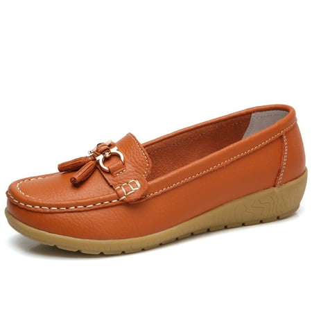 YAZI Women Slip On Leather Comfort Rubber Sole Flats Shoes