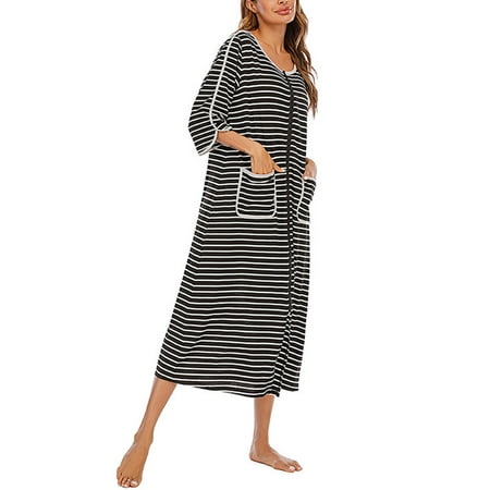 Crewneck Nightgown Elegant Striped Nightshirt Casual Zipper For Home Bedroom For Women Black S
Crewneck Nightgown Elegant Striped Nightshirt Casual Zipper For Home Bedroom For Women Black S