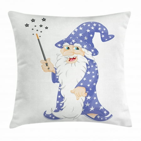 Wizard Throw Pillow Cushion Cover, Laughing Old Man with a Magic Wand and Stars Kids Tale Fantasy Character, Decorative Square Accent Pillow Case, 24 X 24 Inches, Ceil Blue White Black, by Ambesonne