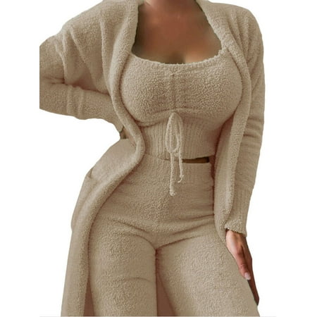 Julycc Womens Fleece Flannel Pajamas Home Loungewear Coat+Crop Top+Pants 3pcs Winter Thermal Sleepwear Pjs
Julycc Womens Fleece Flannel Pajamas Home Loungewear Coat+Crop Top+Pants 3pcs Winter Thermal Sleepwear Pjs