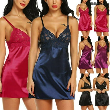 Women's Night Short Dress Nightgown Satin Silk Lace Lingerie Pajamas Sleepwear