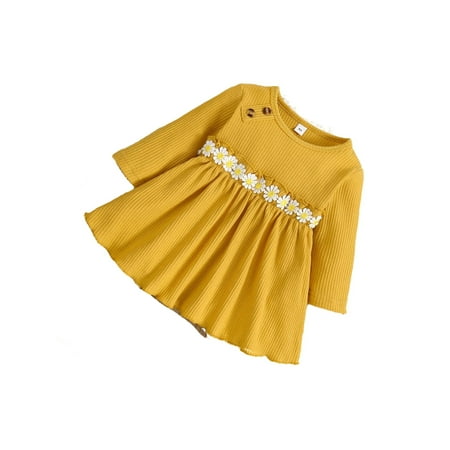 Cute Plain Round Neck Smock Long Sleeve Yellow Baby Dresses (Baby s)