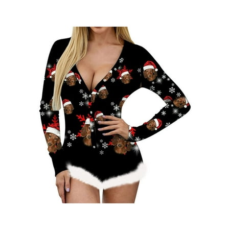 LSFYSZD Women s Christmas Fluffy Trim Romper One Piece Pajamas Jumpsuit