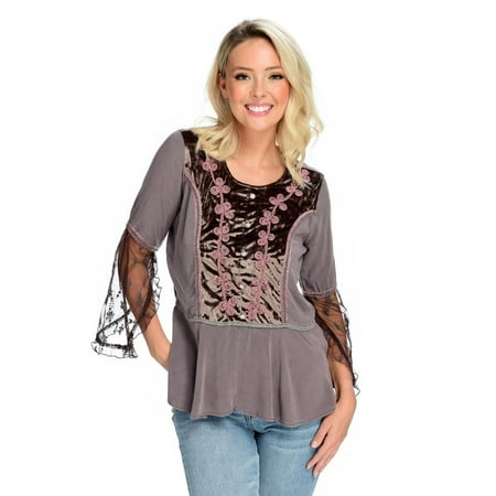 Indigo Thread Co. Woven & Velvet Long Bell Sleeve Embroidered Button-up Bib Top