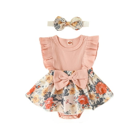 MissiMae Baby Girls Romper Set Fly Sleeve Crew Neck Bowknot Flower Print A-line Dress with Headband
MissiMae Baby Girls Romper Set Fly Sleeve Crew Neck Bowknot Flower Print A-line Dress with Headband